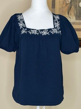 St. John’s Bay Navy Embroidered Square Neck Top – Size M Boho